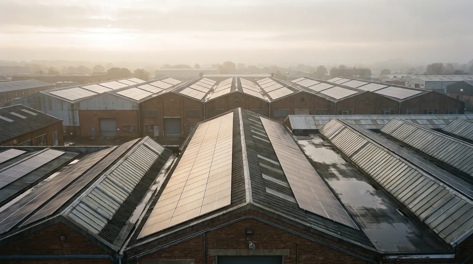 Rows of rooftop solar panels across UK commercial warehouse roofs on an industrial estate