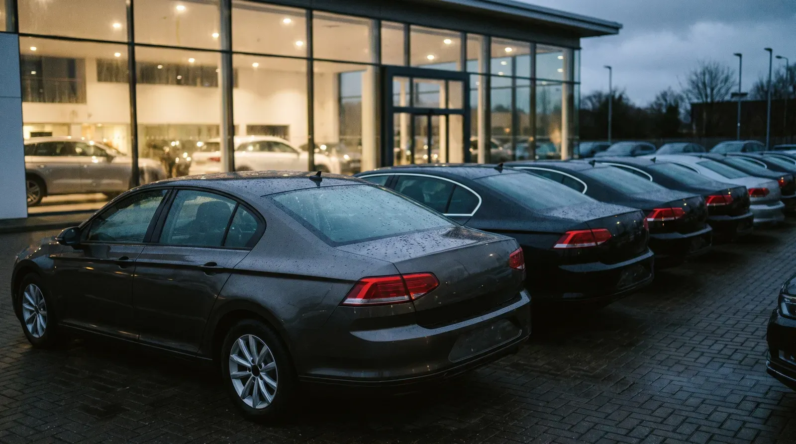 New cars lined up on a UK dealership forecourt at dusk, ready for lease